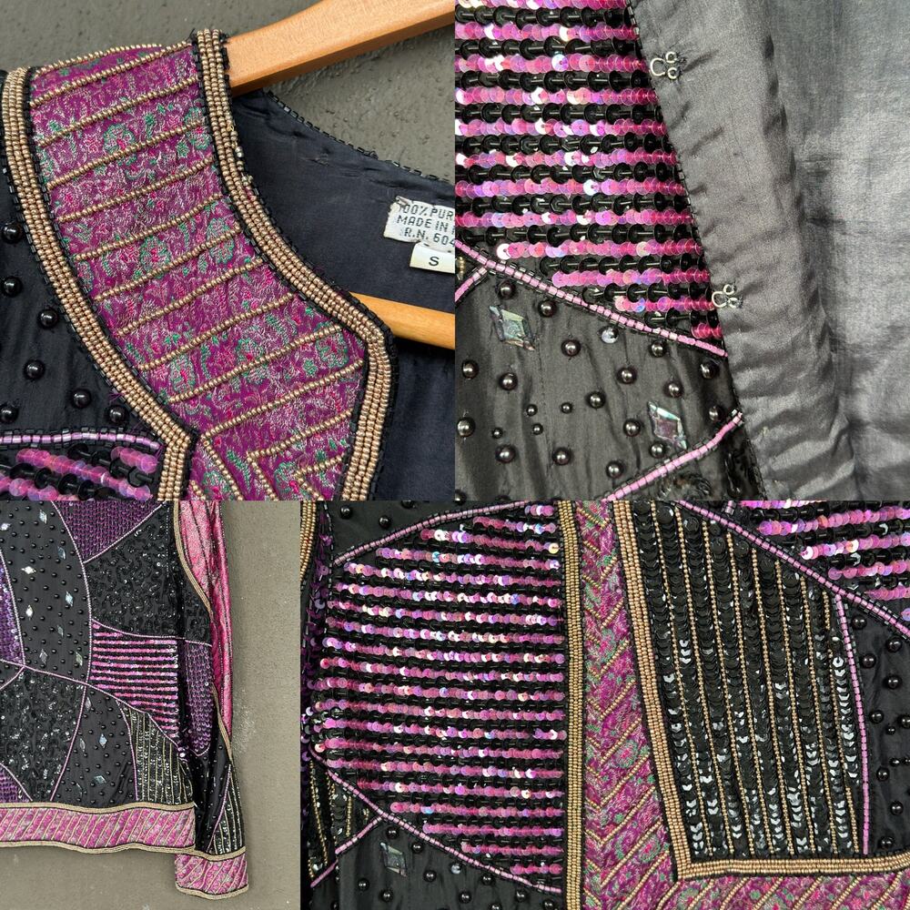 Vintage 80s Judith Ann Creations Multicolor Beaded Sequins Silk Patchwork Jacket - Picture 12 of 14